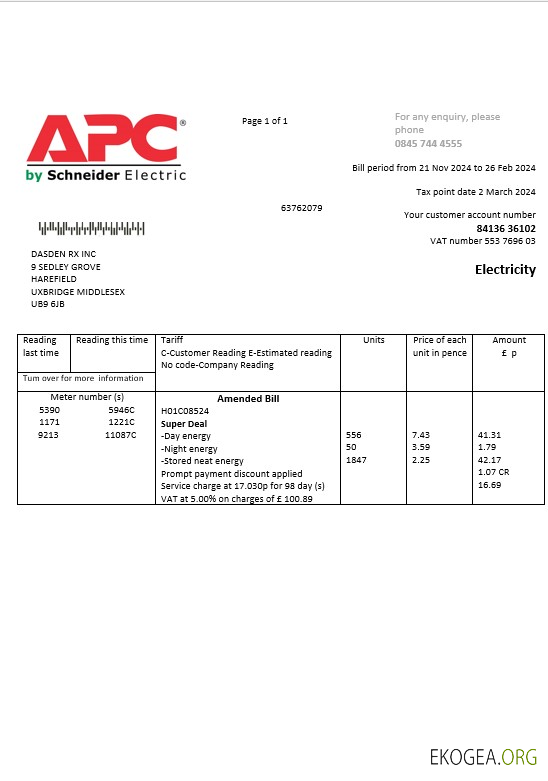 Modèle de facture de services publics d'électricité d'APC pour le Royaume Uni aux formats Word et PDF